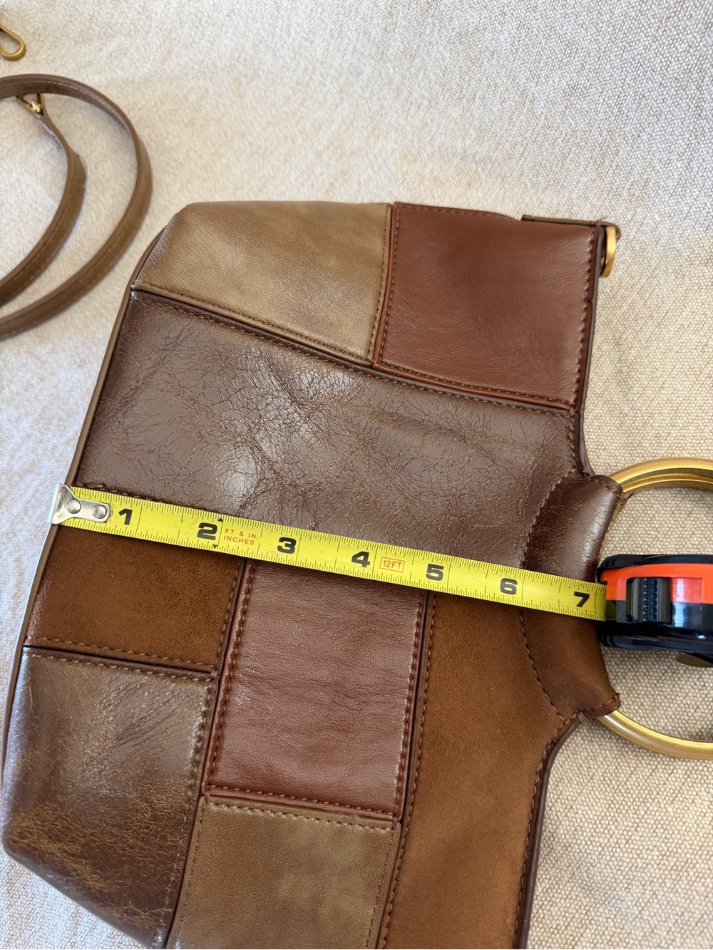 Zara Brown Patchwork Mini Bag with Gold Ring Handle - Picture 15 of 16
